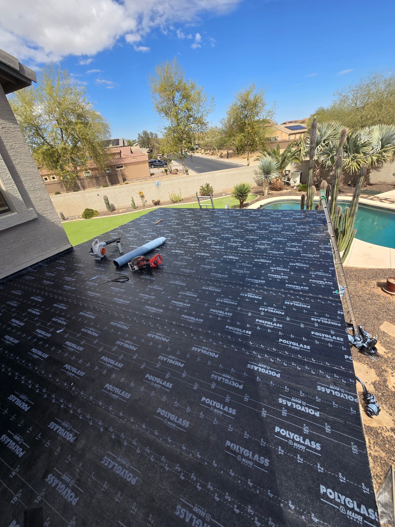 Patio cover decked with Polyglass underlayment ready for cap sheet install
