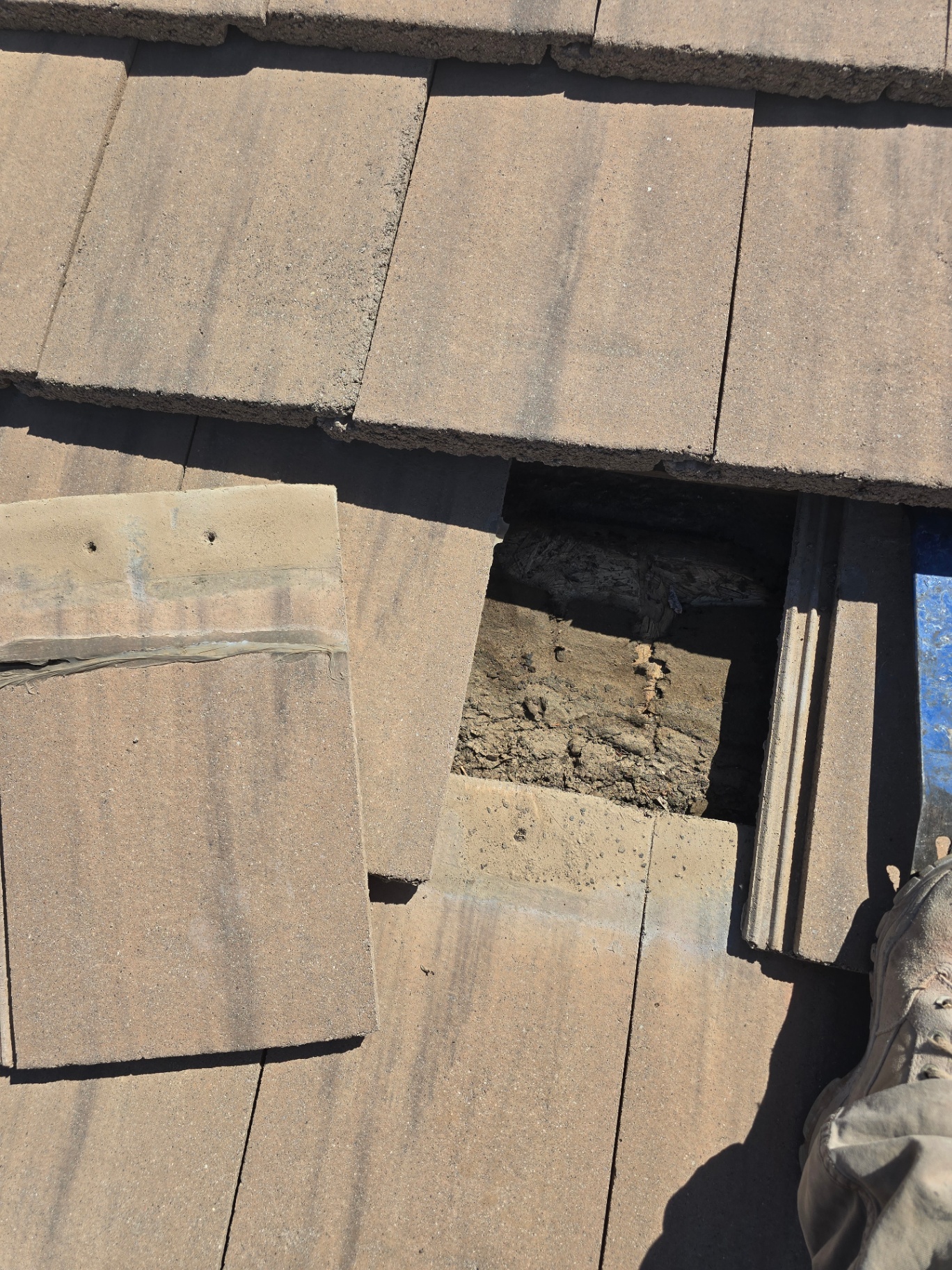 Failed mud and split underlayment exposed beneath shifted field tiles